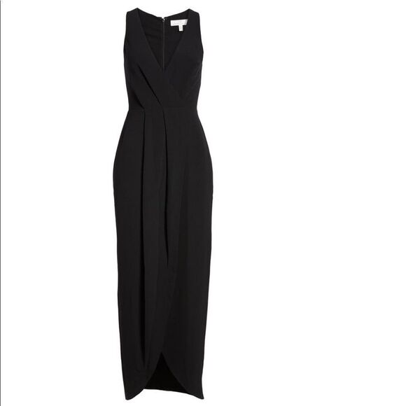 DRESS THE POPULATION Ariel Racerback Faux Wrap Crepe Dress Gown, Black Small NWT - Picture 7 of 16